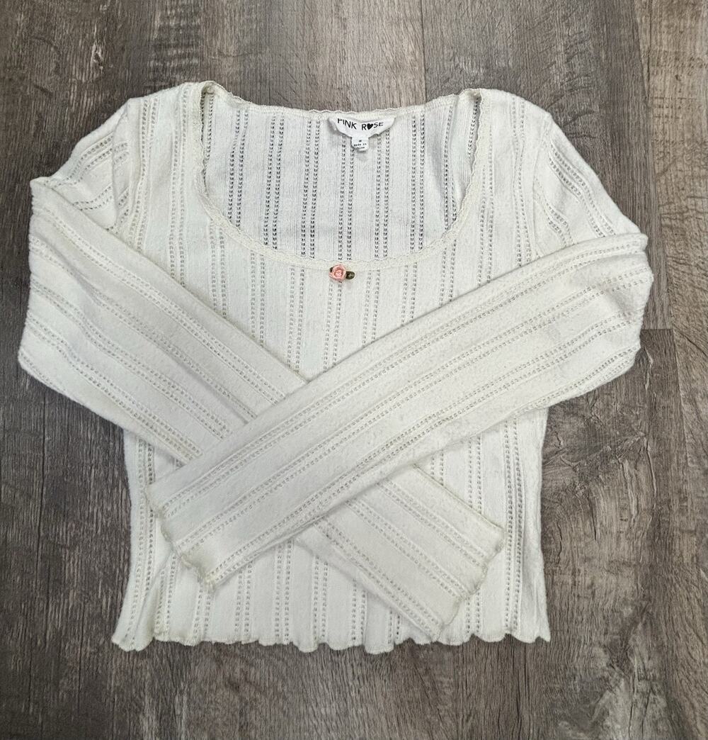 Pink Rose Pointelle Knit Top Women Small White Ribbed Long Sleeve Rosette